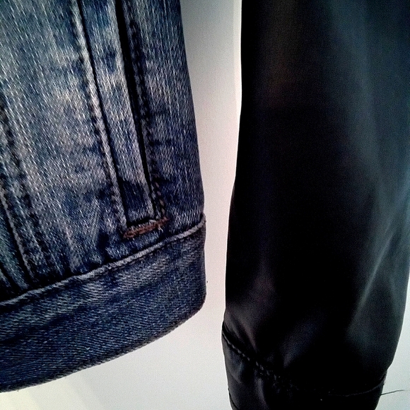 Boys Distressed Denim Jacket with Hood & Faux Leather Sleeves - Picture 9 of 14